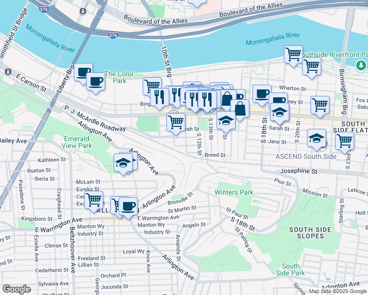 map of restaurants, bars, coffee shops, grocery stores, and more near 128 South 11th Street in Pittsburgh
