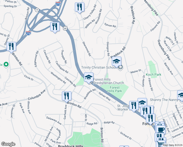 map of restaurants, bars, coffee shops, grocery stores, and more near 215 Elmore Road in Pittsburgh