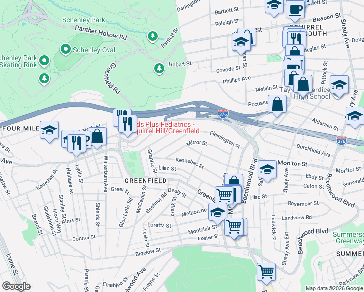 map of restaurants, bars, coffee shops, grocery stores, and more near 864 Flemington Street in Pittsburgh