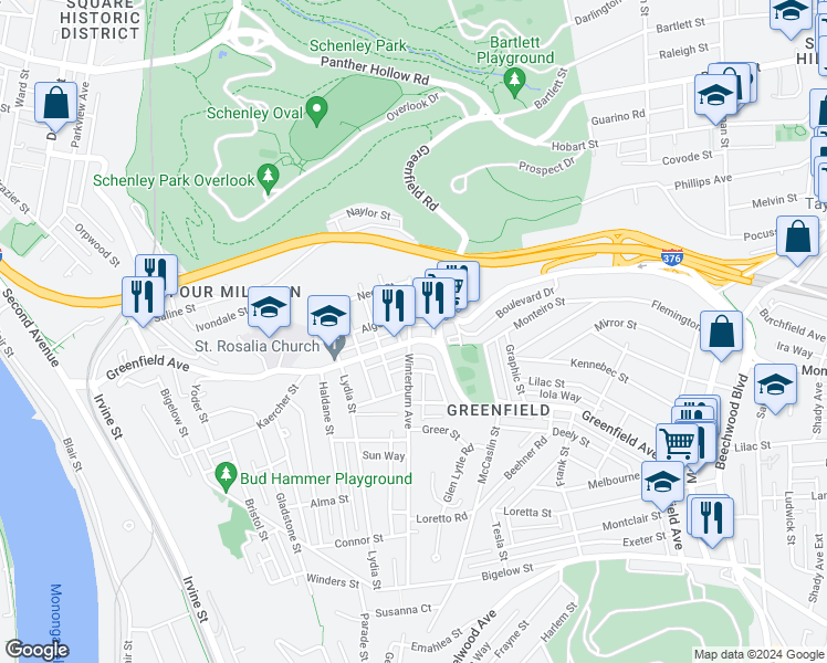 map of restaurants, bars, coffee shops, grocery stores, and more near 605 Greenfield Avenue in Pittsburgh