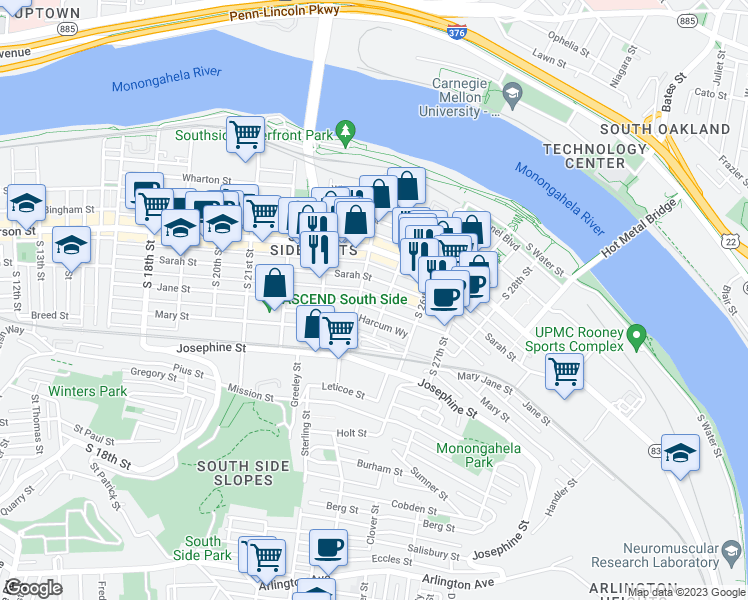 map of restaurants, bars, coffee shops, grocery stores, and more near 2412 Larkins Way in Pittsburgh