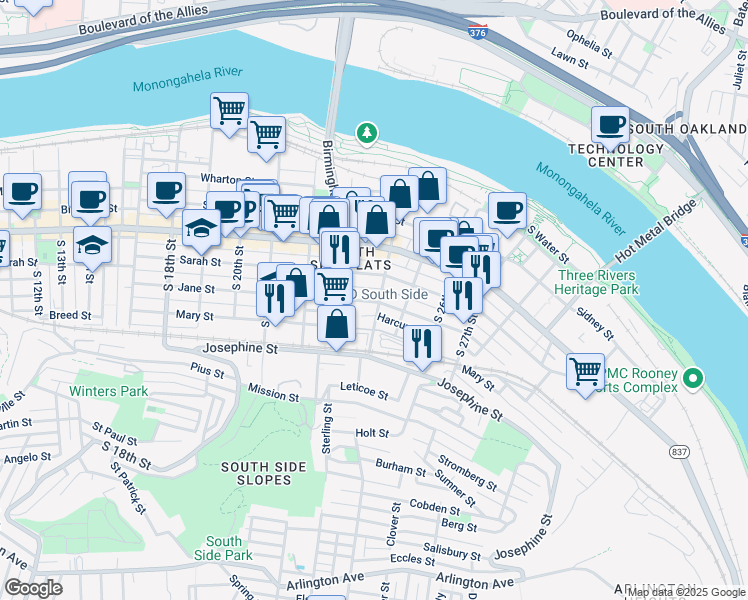 map of restaurants, bars, coffee shops, grocery stores, and more near 2315 Jane Street in Pittsburgh
