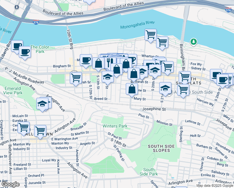 map of restaurants, bars, coffee shops, grocery stores, and more near 166 South 16th Street in Pittsburgh