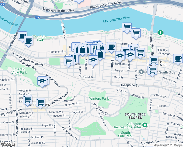 map of restaurants, bars, coffee shops, grocery stores, and more near 35 Uxor Way in Pittsburgh