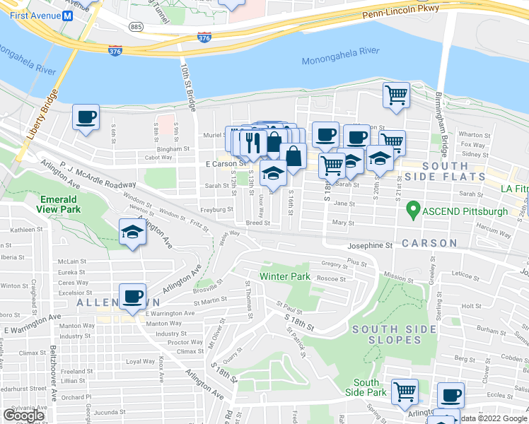 map of restaurants, bars, coffee shops, grocery stores, and more near 35 Uxor Way in Pittsburgh