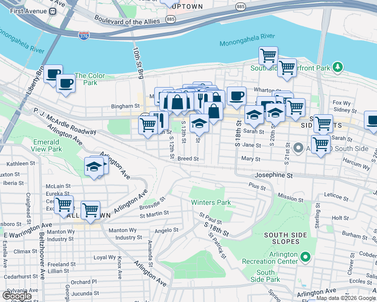 map of restaurants, bars, coffee shops, grocery stores, and more near 35 Uxor Way in Pittsburgh