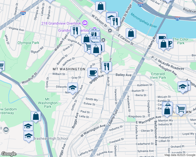 map of restaurants, bars, coffee shops, grocery stores, and more near 121 Boggs Avenue in Pittsburgh