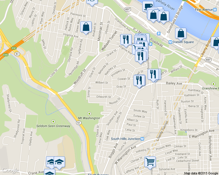 map of restaurants, bars, coffee shops, grocery stores, and more near 3 Gray Street in Pittsburgh