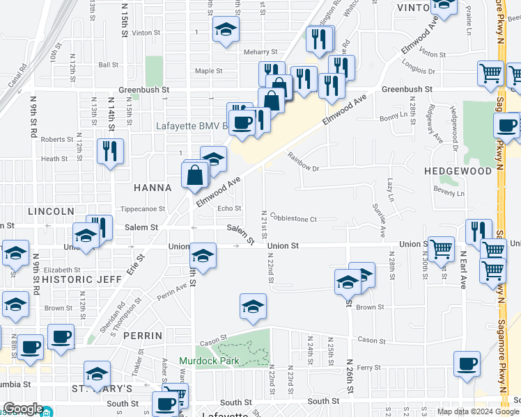 map of restaurants, bars, coffee shops, grocery stores, and more near 2101 Cobblestone Court in Lafayette