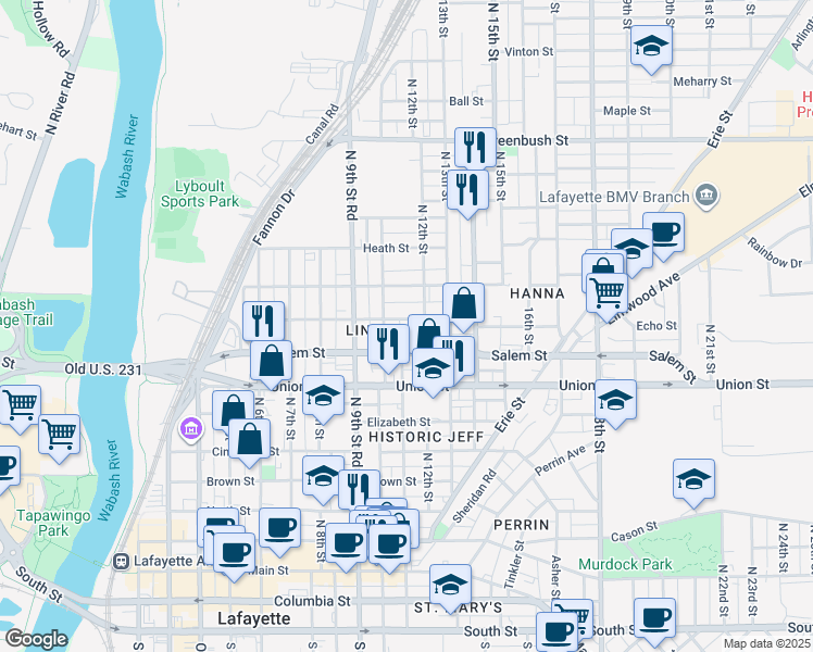 map of restaurants, bars, coffee shops, grocery stores, and more near 101 North 11th Street in Lafayette