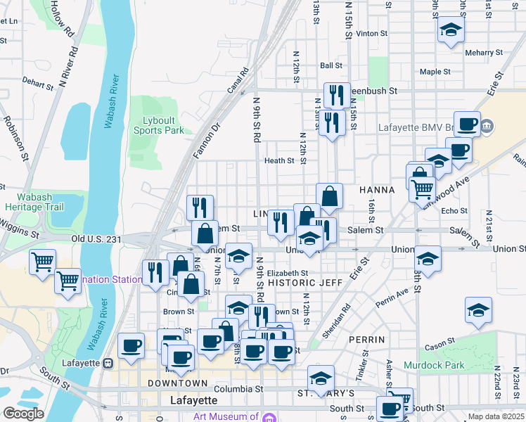 map of restaurants, bars, coffee shops, grocery stores, and more near 922 North 10th Street in Lafayette