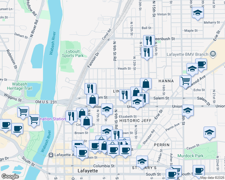 map of restaurants, bars, coffee shops, grocery stores, and more near 920 North 9th Street in Lafayette