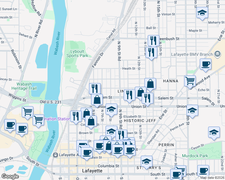 map of restaurants, bars, coffee shops, grocery stores, and more near 920 North 9th Street in Lafayette