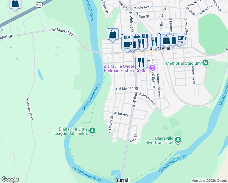 map of restaurants, bars, coffee shops, grocery stores, and more near 312 South Liberty Street in Blairsville