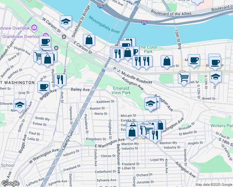 map of restaurants, bars, coffee shops, grocery stores, and more near 437 Bailey Avenue in Pittsburgh