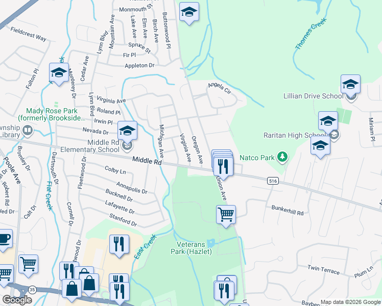 map of restaurants, bars, coffee shops, grocery stores, and more near 5 Virginia Avenue in Hazlet