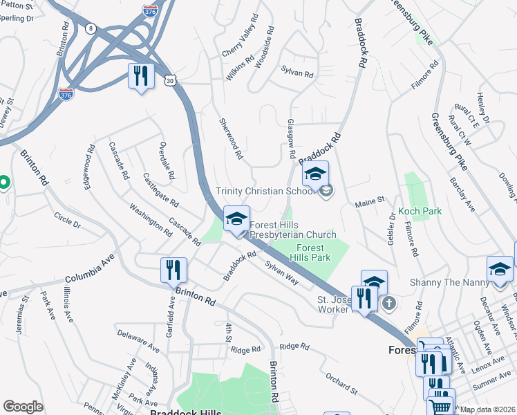 map of restaurants, bars, coffee shops, grocery stores, and more near 215 Elmore Road in Pittsburgh