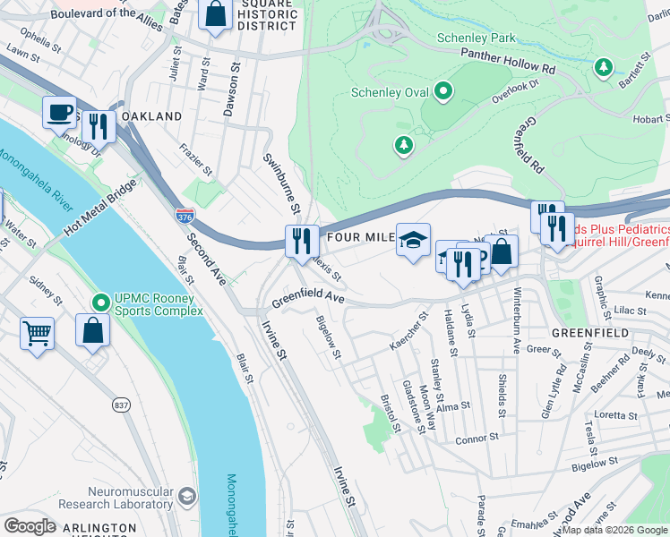 map of restaurants, bars, coffee shops, grocery stores, and more near 37 Alexis Street in Pittsburgh
