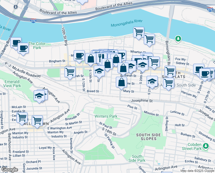 map of restaurants, bars, coffee shops, grocery stores, and more near 166 South 16th Street in Pittsburgh