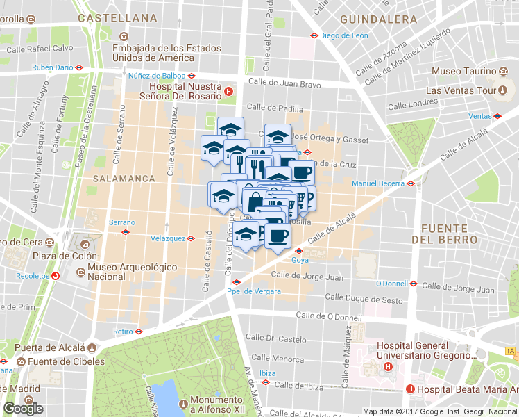 map of restaurants, bars, coffee shops, grocery stores, and more near 32 Calle del General Pardinas in Madrid