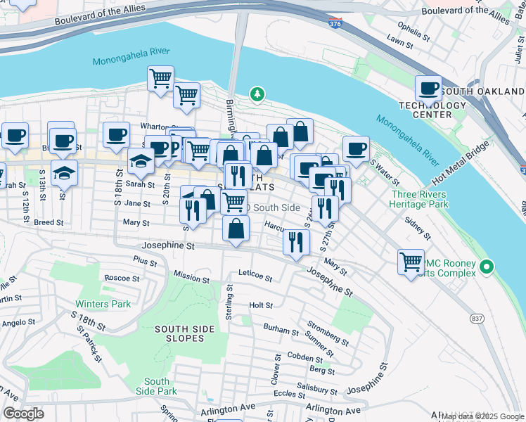 map of restaurants, bars, coffee shops, grocery stores, and more near 2315 Jane Street in Pittsburgh