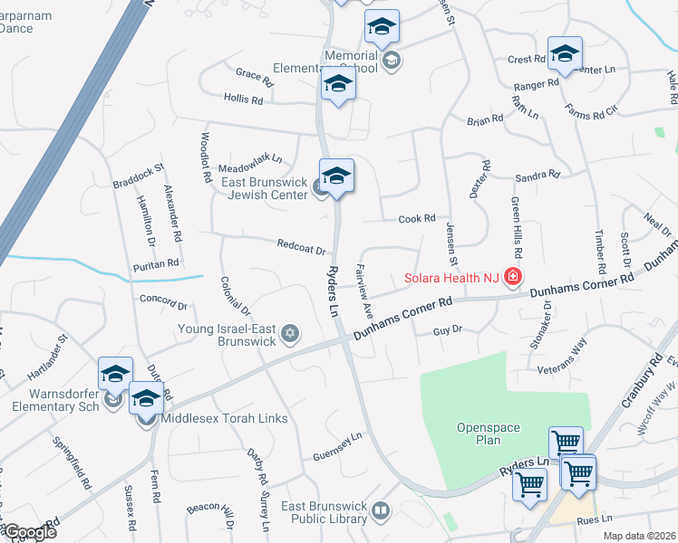 map of restaurants, bars, coffee shops, grocery stores, and more near 534 Ryders Lane in East Brunswick