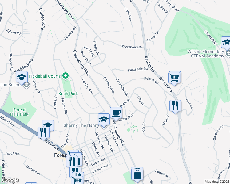 map of restaurants, bars, coffee shops, grocery stores, and more near 3945 Dowling Avenue in Pittsburgh