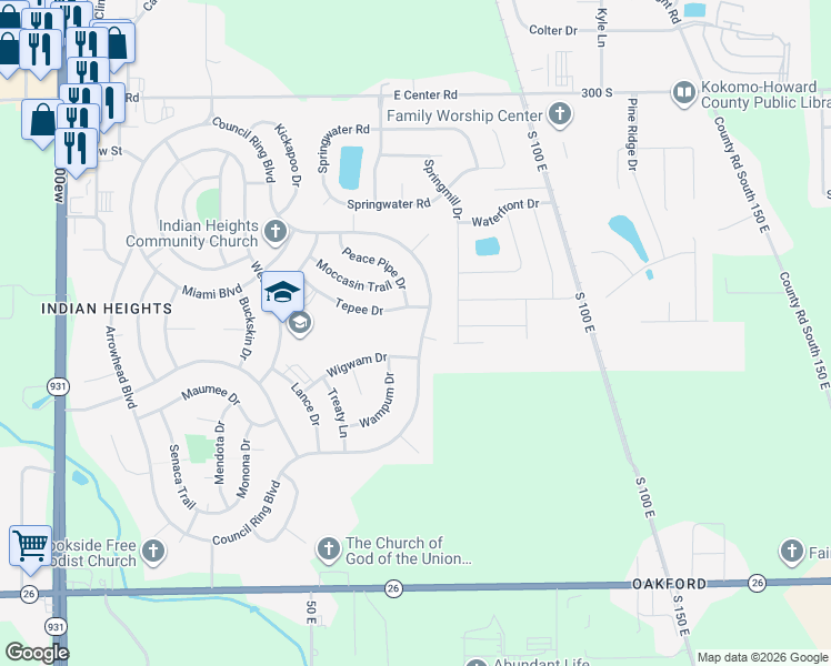 map of restaurants, bars, coffee shops, grocery stores, and more near 5507 Council Ring Boulevard in Kokomo