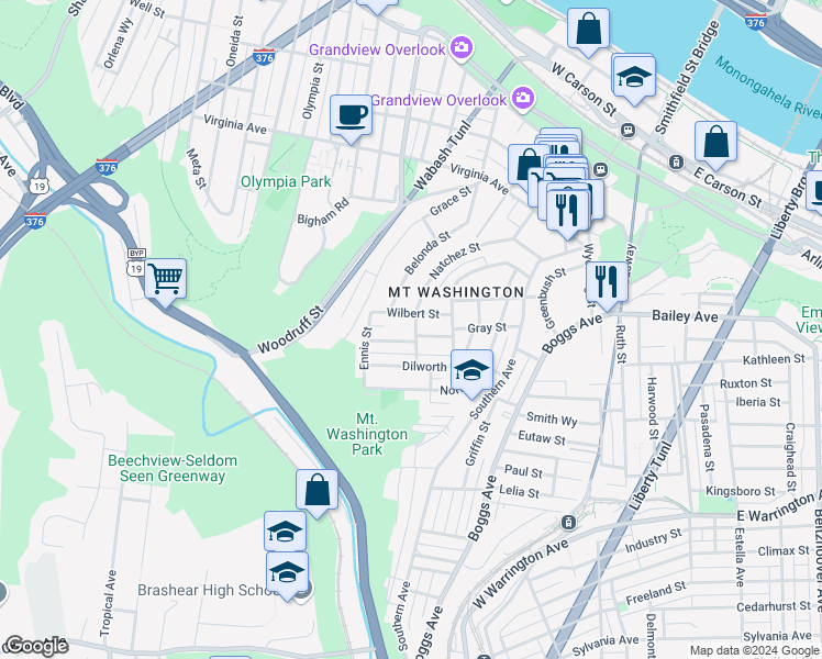 map of restaurants, bars, coffee shops, grocery stores, and more near 516 Natchez Street in Pittsburgh