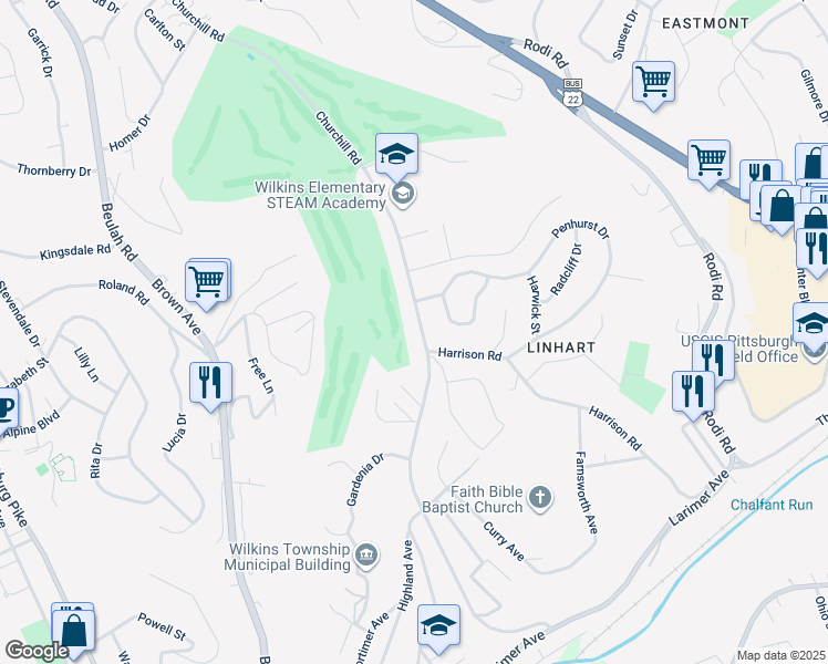 map of restaurants, bars, coffee shops, grocery stores, and more near 307 Churchill Road in Pittsburgh