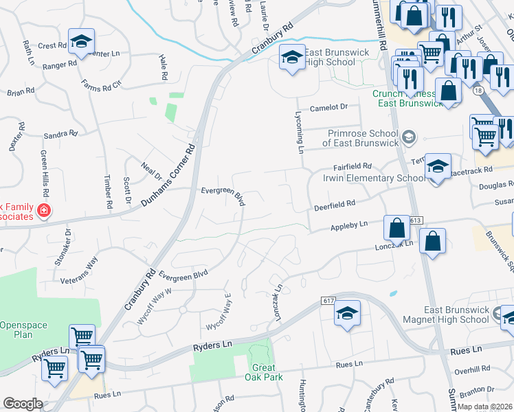map of restaurants, bars, coffee shops, grocery stores, and more near 26 Bennett Court in East Brunswick