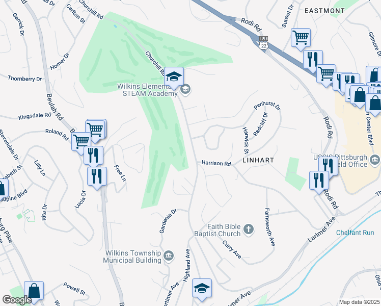 map of restaurants, bars, coffee shops, grocery stores, and more near 307 Churchill Road in Pittsburgh