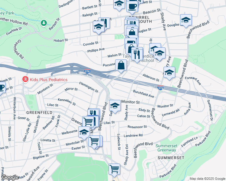 map of restaurants, bars, coffee shops, grocery stores, and more near 5822 Burchfield Avenue in Pittsburgh