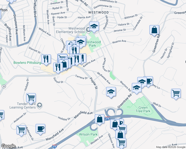 map of restaurants, bars, coffee shops, grocery stores, and more near 91 Poplar Street in Crafton