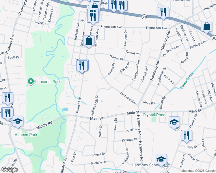 map of restaurants, bars, coffee shops, grocery stores, and more near 3 Phillips Mills Drive in Middletown Township
