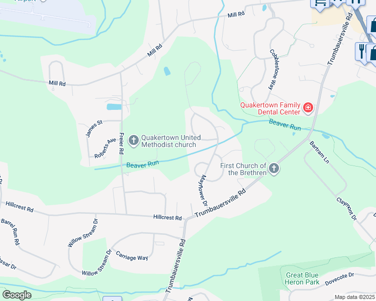 map of restaurants, bars, coffee shops, grocery stores, and more near 1624 Salem Lane in Quakertown