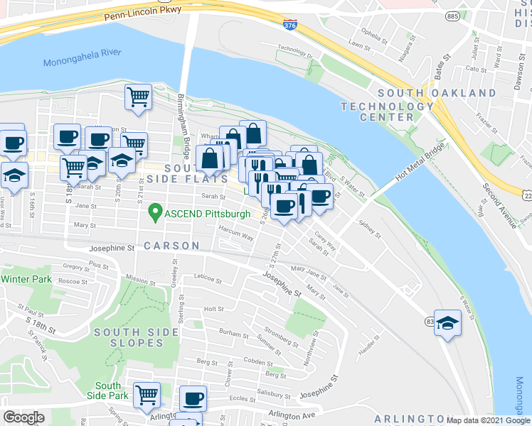 map of restaurants, bars, coffee shops, grocery stores, and more near Sarah St & S 26th St in Pittsburgh