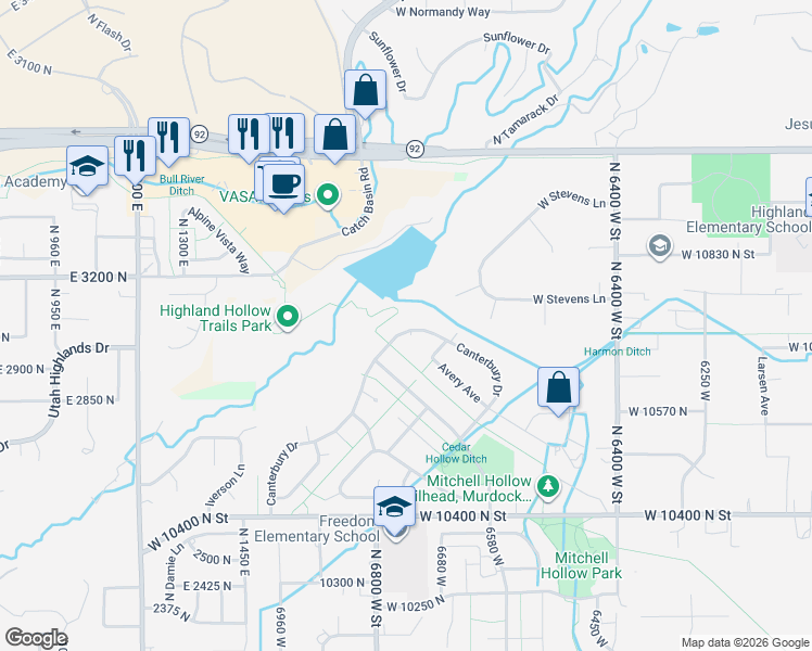 map of restaurants, bars, coffee shops, grocery stores, and more near 6748 Canterbury Drive in Highland
