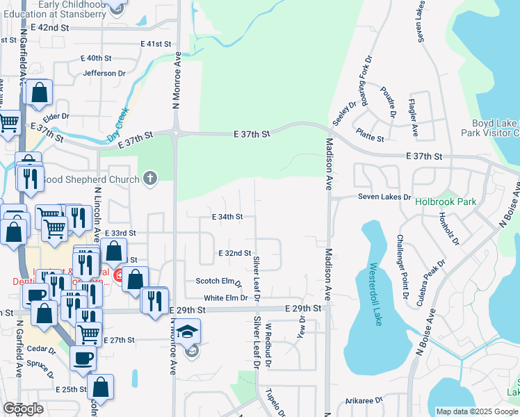 map of restaurants, bars, coffee shops, grocery stores, and more near 3454 Silver Leaf Drive in Loveland