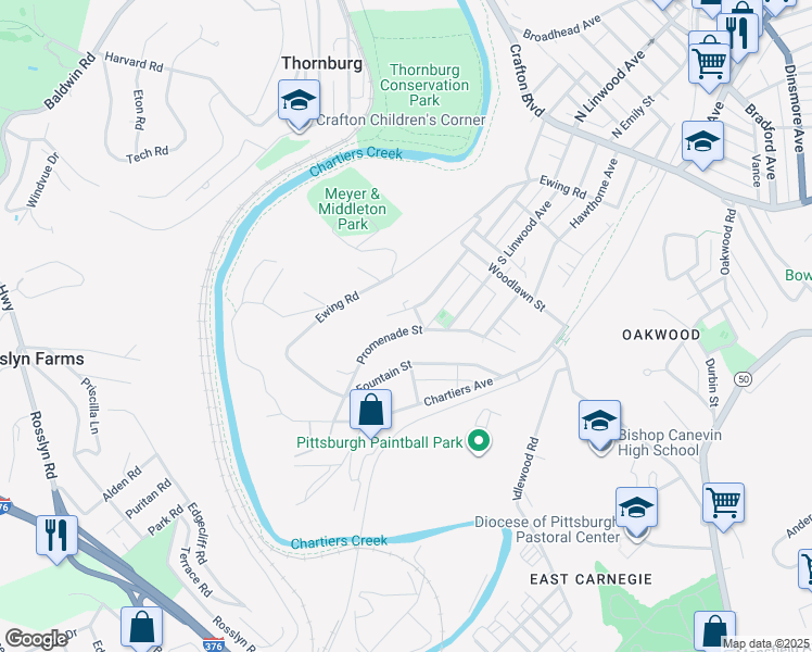 map of restaurants, bars, coffee shops, grocery stores, and more near 136 Promenade Street in Crafton