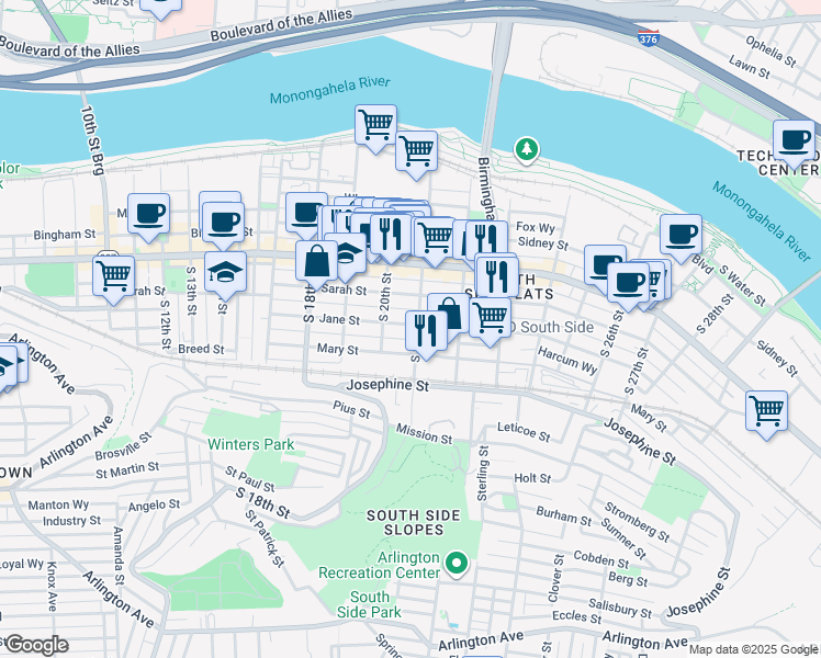 map of restaurants, bars, coffee shops, grocery stores, and more near 2100 Jane Street in Pittsburgh