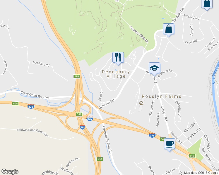 map of restaurants, bars, coffee shops, grocery stores, and more near 671 Pennsbury Boulevard in Pittsburgh
