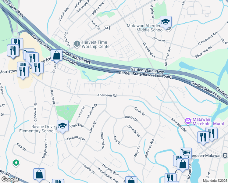 map of restaurants, bars, coffee shops, grocery stores, and more near 99 Aberdeen Road in Matawan