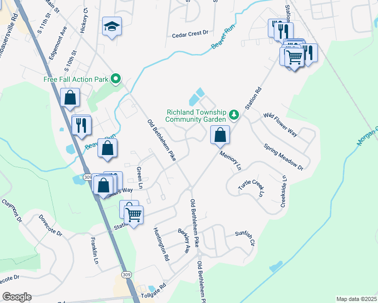 map of restaurants, bars, coffee shops, grocery stores, and more near 1212 Quakers Way in Quakertown