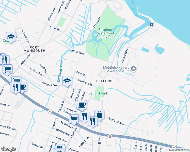 map of restaurants, bars, coffee shops, grocery stores, and more near 204 Lee Court in Belford