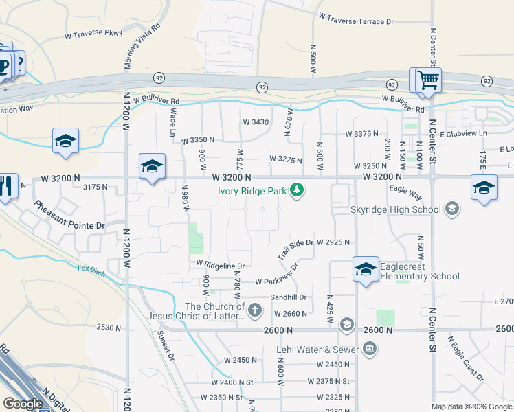 map of restaurants, bars, coffee shops, grocery stores, and more near 3094 North Parkridge Drive in Lehi