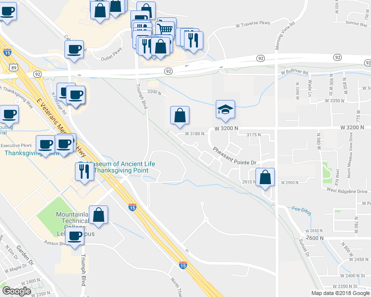 map of restaurants, bars, coffee shops, grocery stores, and more near 1661 WestBury Way in Lehi