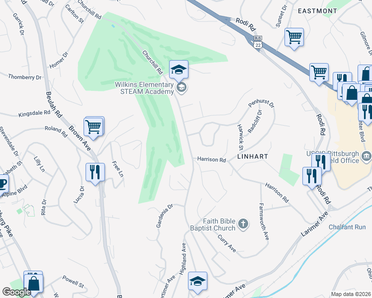 map of restaurants, bars, coffee shops, grocery stores, and more near 307 Churchill Road in Pittsburgh