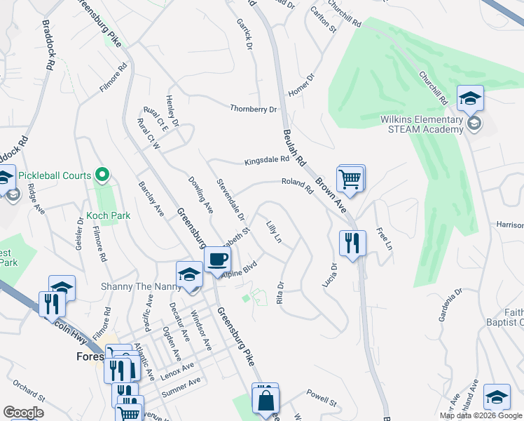 map of restaurants, bars, coffee shops, grocery stores, and more near 908 Elizabeth Street in Pittsburgh