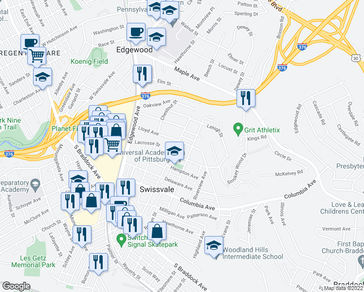 map of restaurants, bars, coffee shops, grocery stores, and more near 8010 Westmoreland Avenue in Pittsburgh